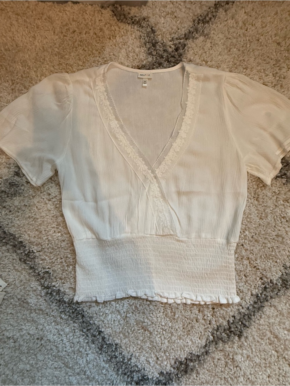 Self white Lace-Trim Smocked Crop Top
